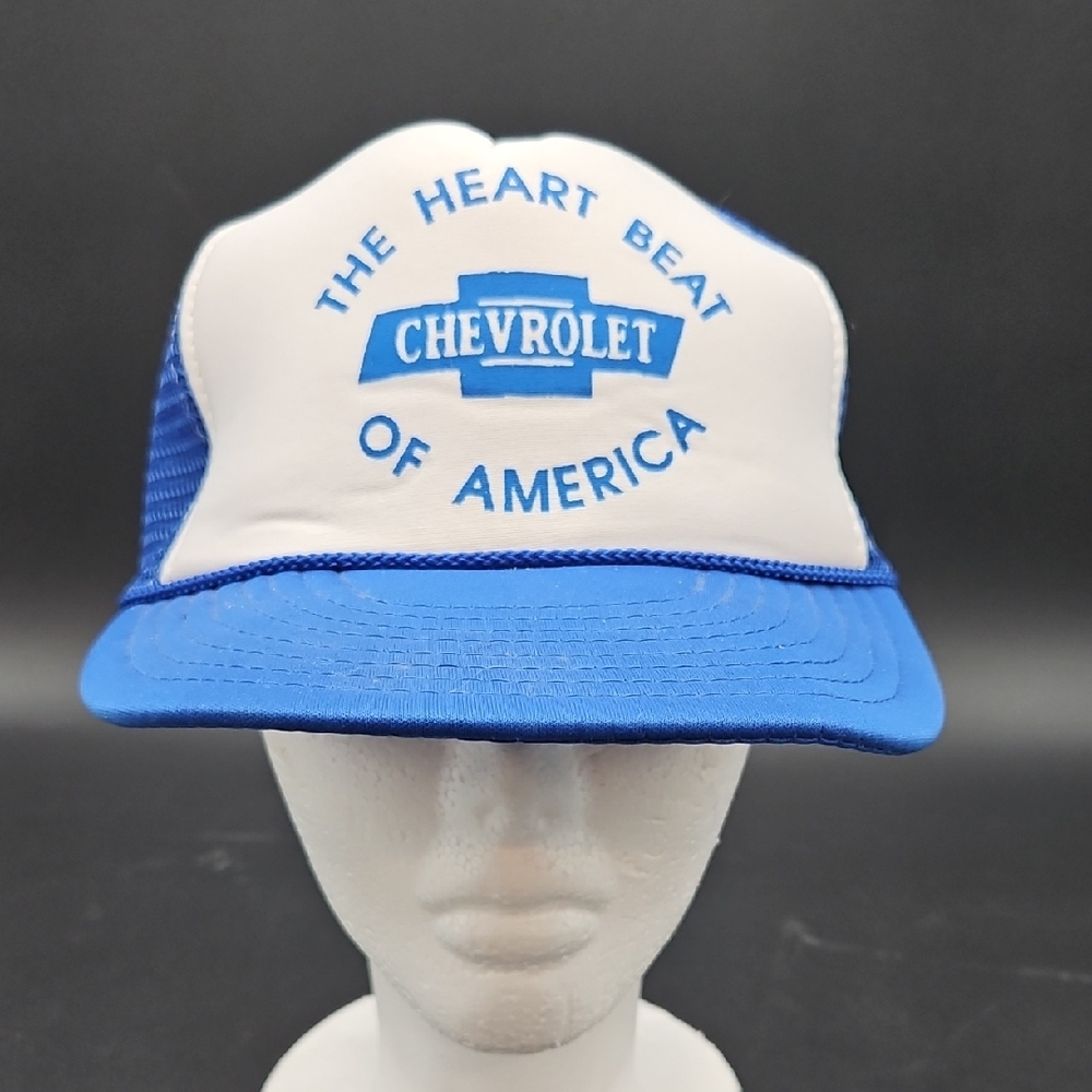 Chevrolet Hat Vintage The Heart Beat Of America Blue and White Trucker Cap Car